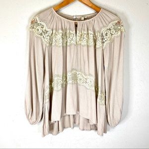 Beige Peasant Top with Lace Inserts Long Sleeves